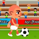 サッカー場でサッカーボールをドリブルするキャラクターと観客席に座る人々。