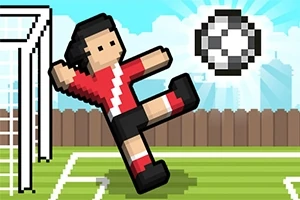 サッカーゴール前で赤と黒のユニフォームを着たピクセルアートのキャラクターがボールを蹴ろうとしている姿。