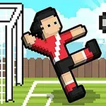 サッカーゴール前で赤と黒のユニフォームを着たピクセルアートのキャラクターがボールを蹴ろうとしている姿。