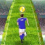 サッカーユニフォームを着た人が、芝生の階段を登りながら金色のコインを目指している。