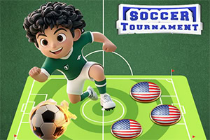 サッカーコートの上で緑のユニフォームを着たアニメ風キャラクターがサッカーボールを蹴っている様子。