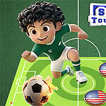 サッカーコートの上で緑のユニフォームを着たアニメ風キャラクターがサッカーボールを蹴っている様子。