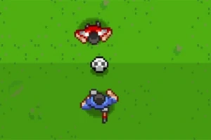 緑色のグラウンドの上で白黒のサッカーボールを挟んで赤と青のユニフォームを着た2人のキャラクターが対峙している。