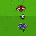 緑色のグラウンドの上で白黒のサッカーボールを挟んで赤と青のユニフォームを着た2人のキャラクターが対峙している。