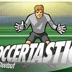サッカーゴール前で構えるゴールキーパーと「SOCCERTASTIC」のロゴが描かれたイラスト。