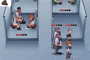 アニメスタイルのキャラクターが、ボックスシートに座る人々とハートマーク付きで並んでいるシーン。