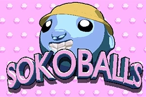 ピンクの背景に黄色い帽子を被った青いキャラクターと「SOKOBALLS」という文字。