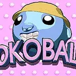 ピンクの背景に黄色い帽子を被った青いキャラクターと「SOKOBALLS」という文字。