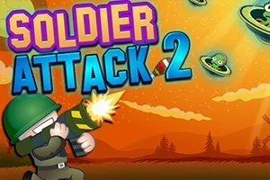 緑色のヘルメットをかぶった兵士が銃を構えている背景に、オレンジの空といくつかのUFOが描かれている。