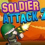 緑色のヘルメットをかぶった兵士が銃を構えている背景に、オレンジの空といくつかのUFOが描かれている。