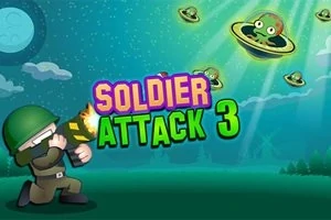 兵士がロケットランチャーでUFOに攻撃する様子と、「SOLDIER ATTACK 3」の文字が描かれたイラスト。