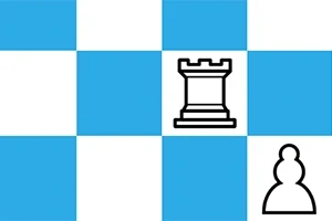 青と白のチェッカー模様の上にルークとポーンのシルエットが描かれている。
