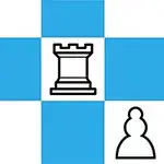 青と白のチェッカー模様の上にルークとポーンのシルエットが描かれている。
