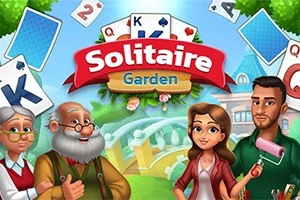 トランプカードと「Solitaire Garden」のロゴの前に立つ4人のキャラクターと背景の庭の風景。