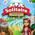 トランプカードと「Solitaire Garden」のロゴの前に立つ4人のキャラクターと背景の庭の風景。
