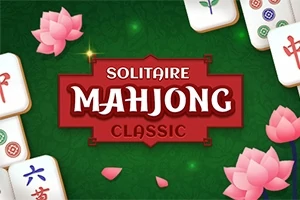 緑の背景に赤いフレームで囲まれた「SOLITAIRE MAHJONG CLASSIC」の文字と、周囲に配置されたマージャン牌とピンクの蓮の花。