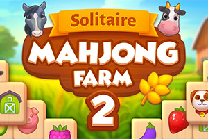 牛とカウのイラストが描かれた牧場を背景に、「Solitaire Mahjong Farm 2」と書かれたロゴ。