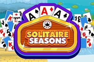 トランプカードが背景に広がり、中央に「SOLITAIRE SEASONS」というロゴが配置された鮮やかなデザイン。