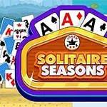 トランプカードが背景に広がり、中央に「SOLITAIRE SEASONS」というロゴが配置された鮮やかなデザイン。