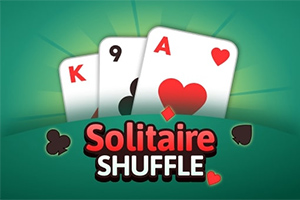 トランプのハートのA、スペードの9、ハートのKが背景に描かれ、下に「Solitaire Shuffle」の文字がある画像。