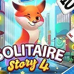 カードとコインが舞う街の背景にウインクするキツネ。