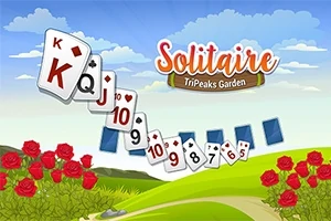 青空の下、緑の草原にトランプのカードが並び、周囲には赤いバラの花が咲いている。