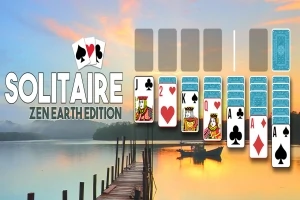 夕焼けの湖の背景にカードが並べられたソリティアのゲーム画面。