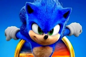 青いハリネズミのキャラクターが金色のリングから飛び出している。