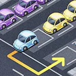 青と紫と黄色の車が駐車された道路と、青い矢印が進む様子。