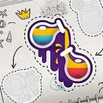 ノートブックのページにカラフルなサングラスのステッカーと手書きのラクガキが描かれています。
