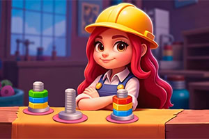 Sort Works: Nuts & Order ピンク色の髪を持つキャラクターが安全帽をかぶり、カラフルなリングがはめられたボルトを前に立っている。
