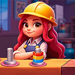 Sort Works: Nuts & Order ピンク色の髪を持つキャラクターが安全帽をかぶり、カラフルなリングがはめられたボルトを前に立っている。