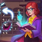 魔法のポーションやアイテムが描かれた中で、本を持つ赤い髪の女性。