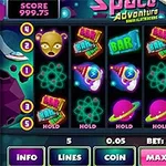 カラフルなエイリアンや宇宙テーマのシンボルが並んで表示されるスロットゲームの画面。