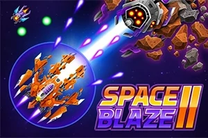 オレンジ色の宇宙船が右側に向かってレーザーを発射しているシーン。