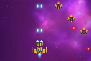 紫色の宇宙を背景に、光を放つ宇宙船と敵の戦闘機が配置されているシューティングゲームの画面。