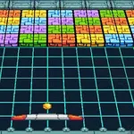 カラフルなレンガ状のブロックが並ぶグリッド背景の前に、中央にボールとパドルが配置されている。