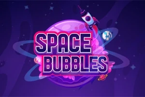 紫色の背景に宇宙空間を舞台としたデザインで、中央に「SPACE BUBBLES」と書かれたテキストとロケットが描かれている。