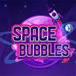 紫色の背景に宇宙空間を舞台としたデザインで、中央に「SPACE BUBBLES」と書かれたテキストとロケットが描かれている。