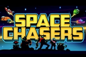 宇宙を背景にした「SPACE CHASERS」という大きな文字と、その下に立っているキャラクターたち。