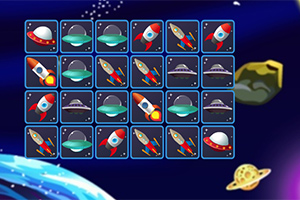 宇宙背景にロケットとUFOのイラストが並ぶグリッド。