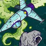 宇宙に浮かぶ小型の青い宇宙船と、小惑星が描かれたイラスト。