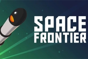 背景に暗い青と緑のグラデーションがある中、左側にロケット、右側に大きな白文字で「SPACE FRONTIER」と書かれている。