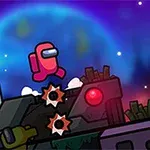 宇宙を背景に赤いキャラクターが屋外の工場のような場所を跳んでいる。