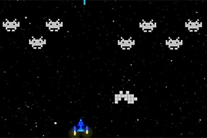 黒い宇宙空間に白いピクセルで描かれたエイリアンと青いスペースシップが並んでいる。