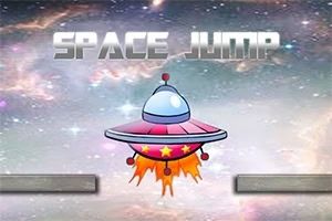 宇宙背景に浮かぶカラフルなUFOと「SPACE JUMP」の文字。