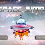 宇宙背景に浮かぶカラフルなUFOと「SPACE JUMP」の文字。