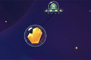 宇宙空間でUFOが黄色い結晶を含む泡を引っ張っているイラスト。