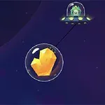 宇宙空間でUFOが黄色い結晶を含む泡を引っ張っているイラスト。