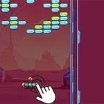 紫色の背景に、小さなレンガを壊すためのバーを指で操作している画像。